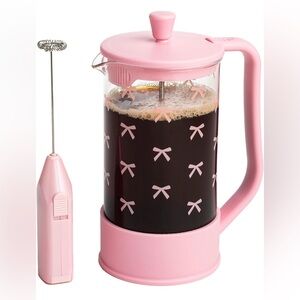 Paris Hilton Pink Bow Coffee Set with French Press and Milk Frother